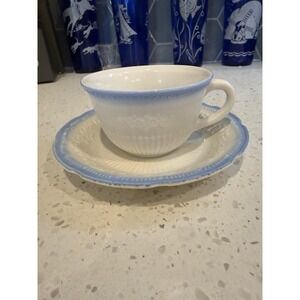 Anchor Hocking Fire King Alice Vitrock Blue Trim Tea Cup And Saucer